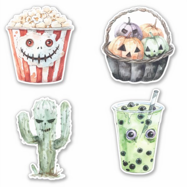 Sticker Popcorn Pumpkins Cactus Halloween (Devant)