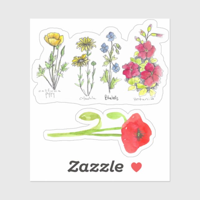 Sticker Poppies fleurs sauvages Calendula Bluebells Petuni (Feuille)