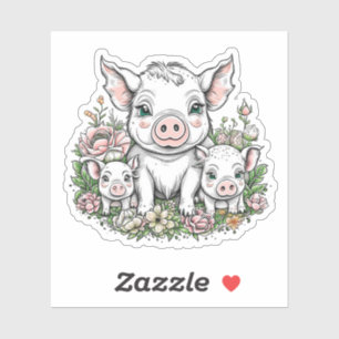 Sticker Porcs et cochons mignons en Fleurs