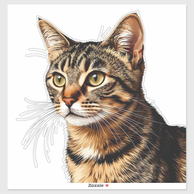 Sticker Portrait de chat : Tabby rayé aux yeux dorés (Feuille)