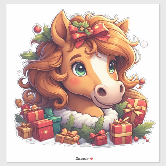 Sticker Portrait fantaisiste de cheval de Noël  (Feuille)