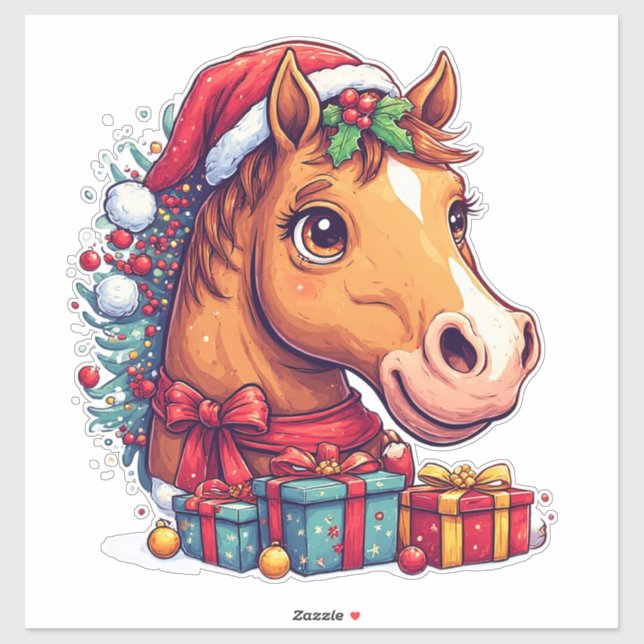 Sticker Portrait fantaisiste de cheval de Noël  (Feuille)