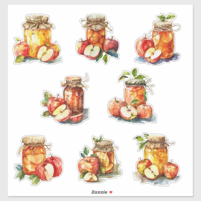 Sticker Pot de confiture de pomme et aquarelle de pommes (Feuille)