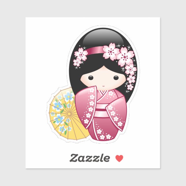 Sticker Poupée Kokeshi Printemps - Cute Japonaise Geisha G (Feuille)