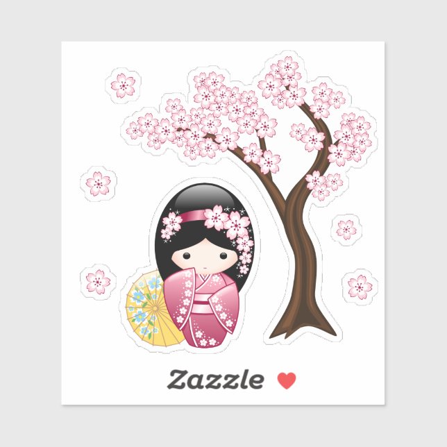 Sticker Poupée Kokeshi Printemps - Kimono Rose Geisha Girl (Feuille)
