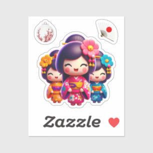 Sticker Poupée Kokeshi, Trois Jolies Geisha
