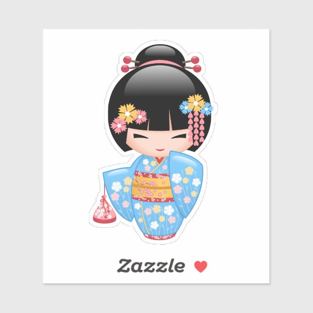 Sticker Poupée Maiko Kokeshi - Blue Kimono Geisha Girl (Feuille)