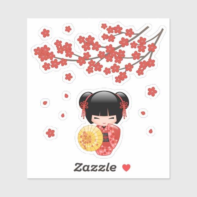 Sticker Poupée rouge Sakura Kokeshi - Geisha japonais (Feuille)