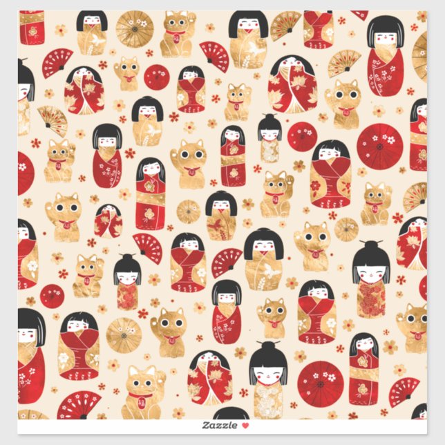 Sticker Poupées japonaises - Chats Kokeshi et Maneki Neko (Feuille)