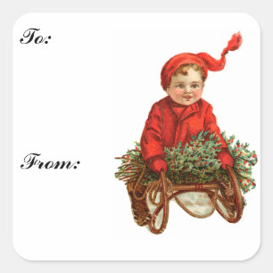 Sticker pour étiquette cadeau vintage traîneau et
