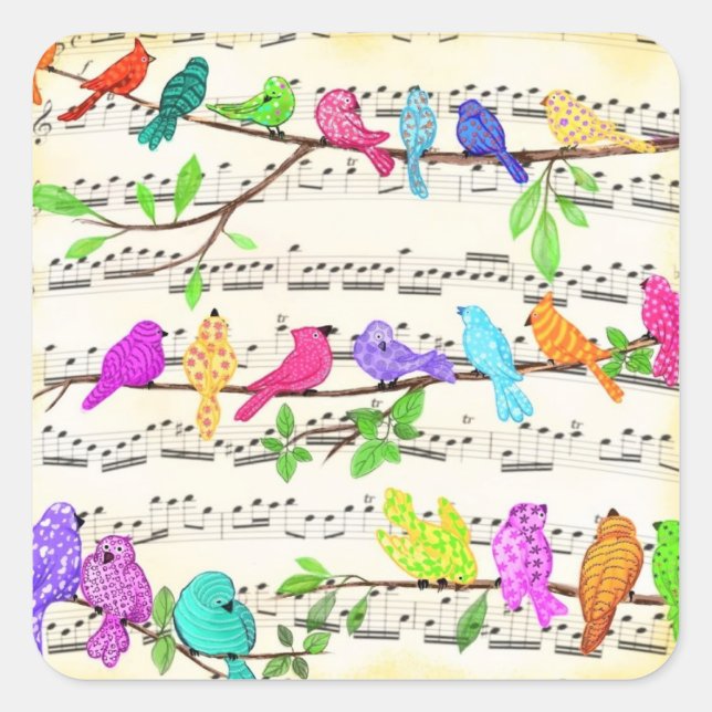 Sticker pour oiseaux musicaux de printemps coloré (Devant)