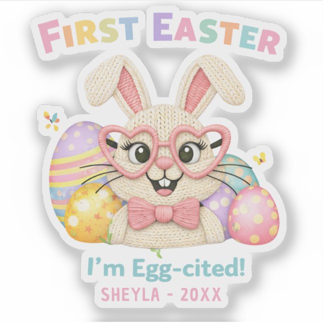 Sticker Premier lapin surexcité de Pâques de bébé mignon (Devant)