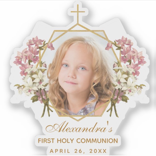 Sticker Première Communion fille photo or floral rose orch (Devant)