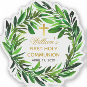 Sticker Première Communion Green Wreath & Faux Gold Cross