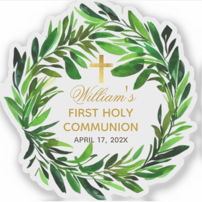 Sticker Première Communion Green Wreath & Faux Gold Cross (Devant)