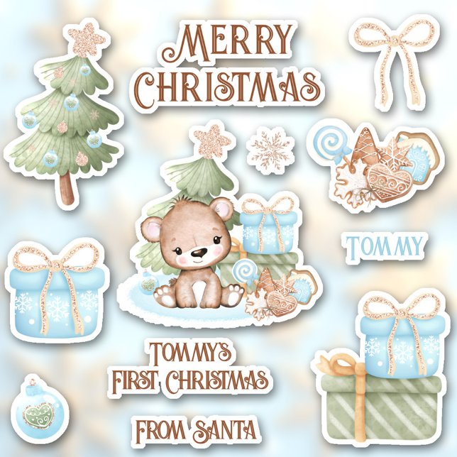 Sticker Prénom de Noël mignon Ours Contour Baiser Coupe (Cute First Christmas Name Bear Contour Kiss Cut Sticker)