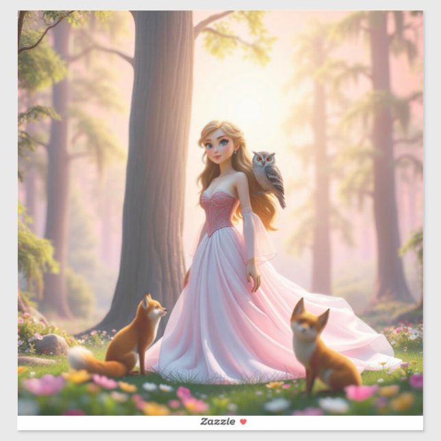 Sticker Princesse de la forêt enchantée avec compagnons an (Feuille)