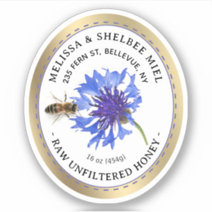 Sticker Produit de miel modifiable Bleu Fleur Bee Gold Bor