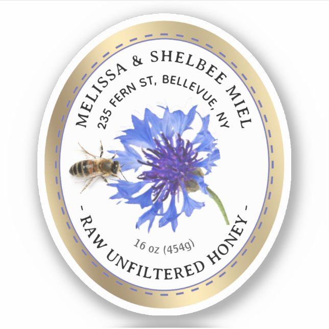 Sticker Produit de miel modifiable Bleu Fleur Bee Gold Bor (Devant)