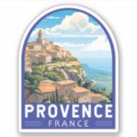 Sticker Provence France Travel Art Vintage<br><div class="desc">Design de voyage vectoriel rétro de Provence. La Provence est une région historique et culturelle du sud-est de la France. Connu pour ses paysages variés,  des Alpes du Sud aux plaines de Camargue en passant par les vignobles vallonnés,  les oliveraies,  les pinèdes et les champs de lavande.</div>