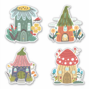 Sticker Quatre amusants gnome maison fleurs champignons