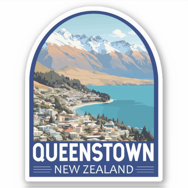 Sticker Queenstown New Zealand Travel Art Vintage (Devant)