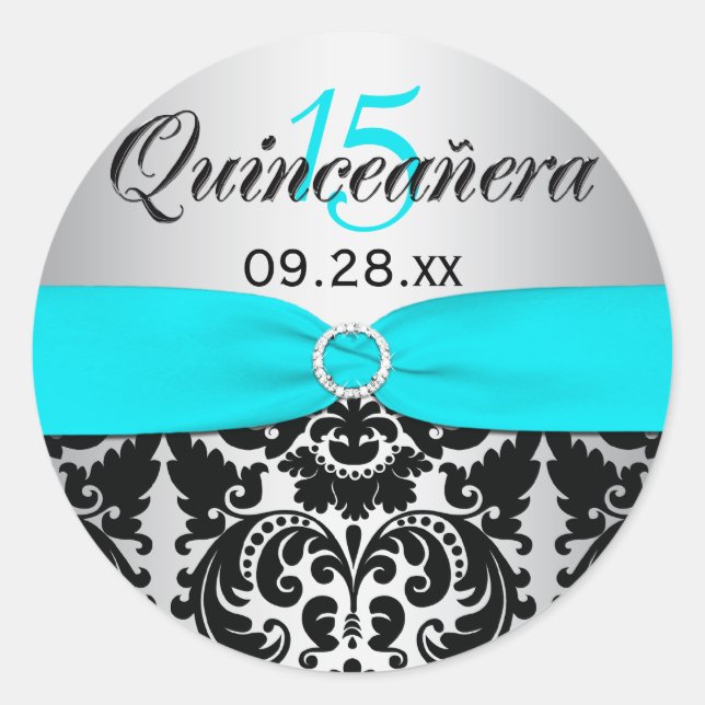 Sticker Quinceanera Aqua, Argent, Noir Damas (Devant)