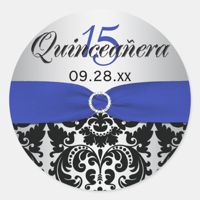 Sticker Quinceanera bleu, argent, noir Damas (Devant)