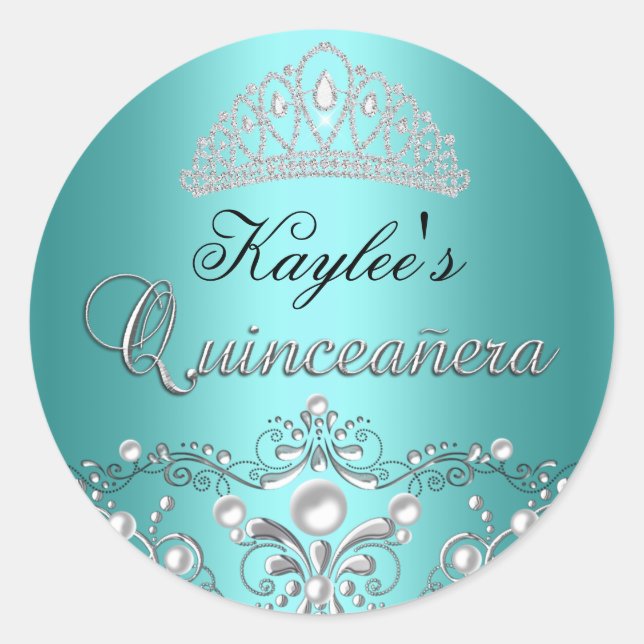 Sticker Quinceanera en argent et Turquoise Damask  (Devant)