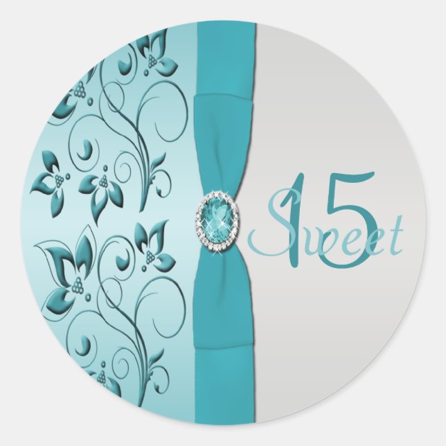 Sticker Quinceanera Floral Aqua et Argent (Devant)