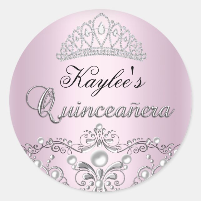 Sticker Quinceanera Pearl argent et rose Damask (Devant)