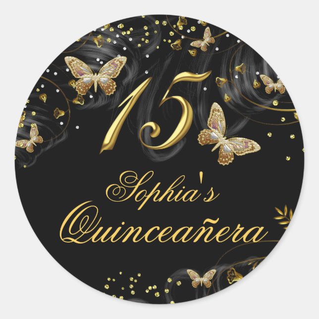 Sticker Quinceanera pour papillon noir et or (Devant)