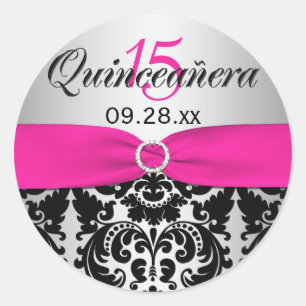 Sticker Quinceanera rose, Argent, Noir Damas