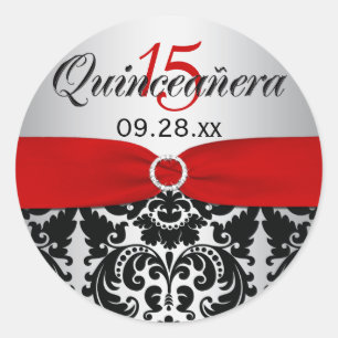 Sticker Quinceanera rouge, argent, noir Damas