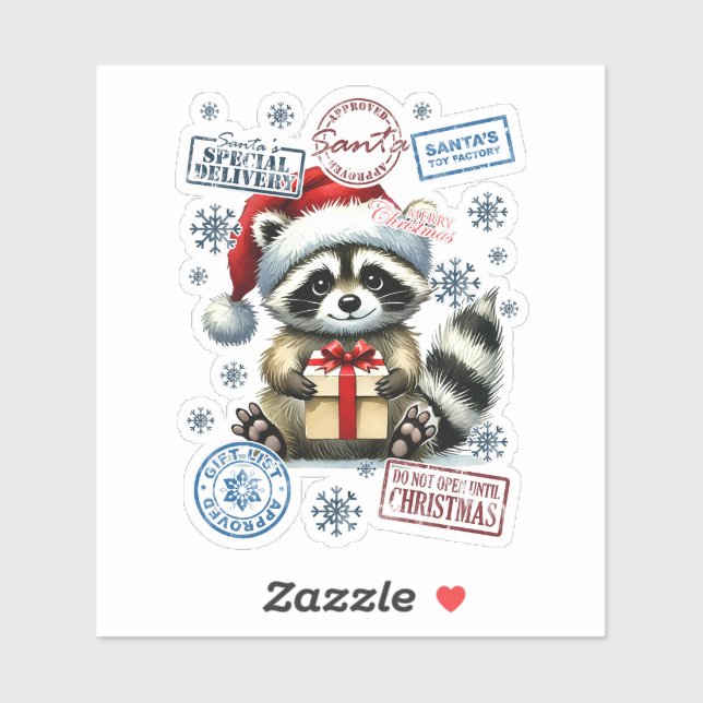Sticker Raccoon Avec Cadeau Et Timbres De Noël (Feuille)