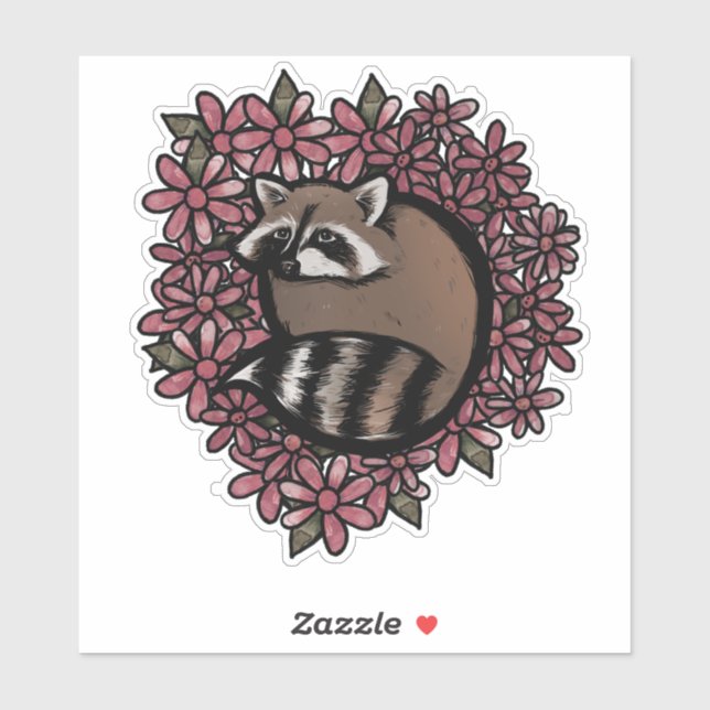 Sticker Raccoon Daisy Flower Art Raccoons Daisies Floral (Feuille)
