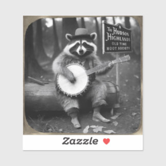 Sticker Raccoon Jouer Banjo avec cadre or.