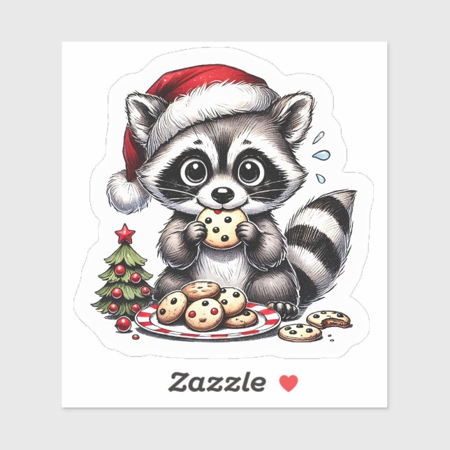 Sticker Raton laveur avec biscuits près de l'arbre de Noël (Feuille)