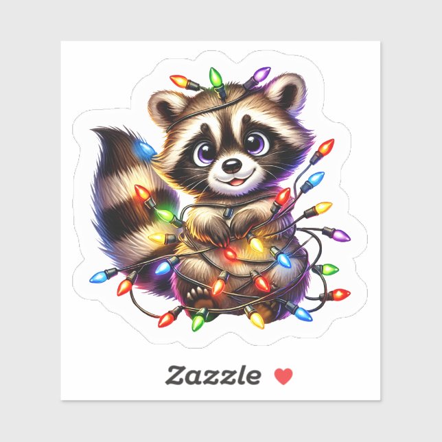 Sticker Raton laveur mignon dans les lumières de Noël (Feuille)