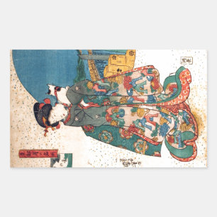Sticker Rectangulaire 少 女 と 猫, 国 fille avec chat, Kuniyoshi, Ukiyo-e