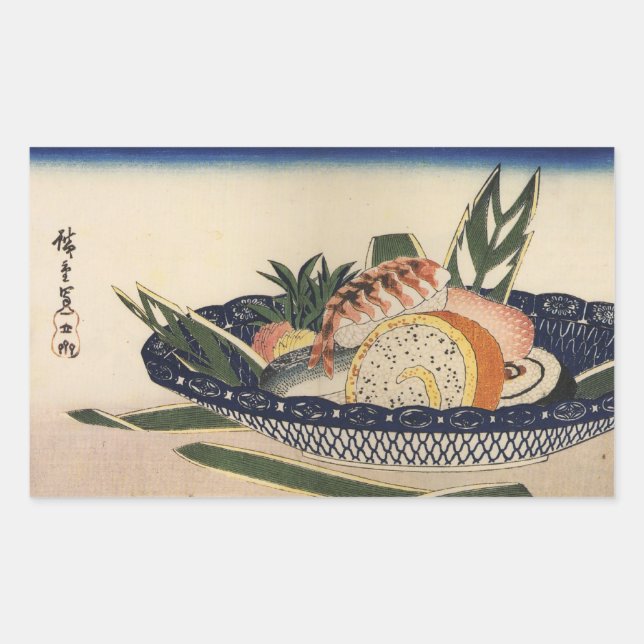 Sticker Rectangulaire 江 戸 前 司, 重 Sushi Bowl, Hiroshige, Ukiyoe, 寿 (Devant)