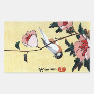 Sticker Rectangulaire 花 に 鳥, 広 重 Oiseau et Fleur, Hiroshige, Ukiyo-e