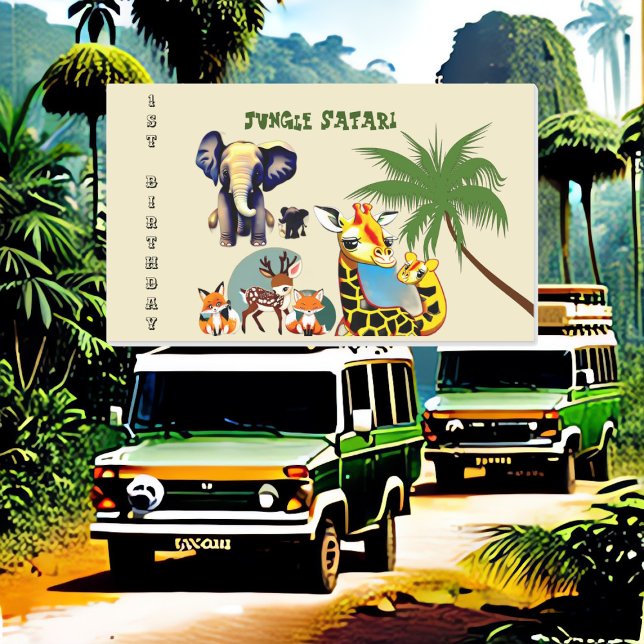 Sticker Rectangulaire 1er anniversaire Jungle Safari Elephant Giraffe De (1st Birthday Jungle Safari Elephant Giraffe Deer Rectangular Sticker)