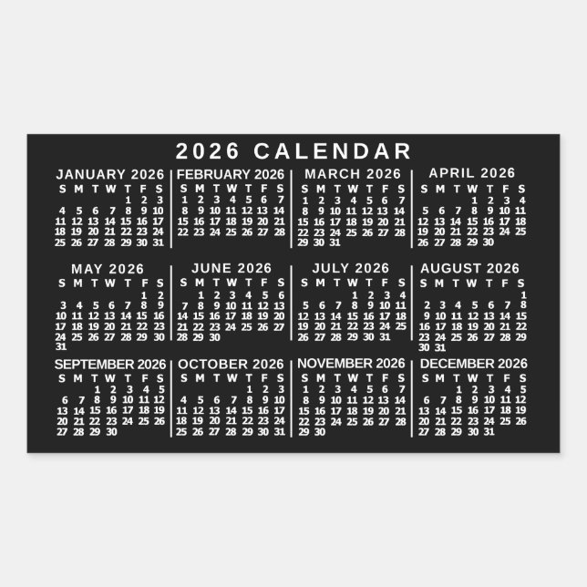 Sticker Rectangulaire 2026 Year Monthly Calendar Classic Black and White (Devant)
