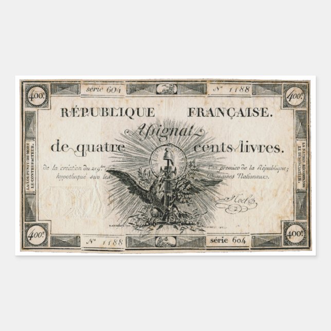 Sticker Rectangulaire 400 Livres Révolution française Assignat Note banc (Devant)