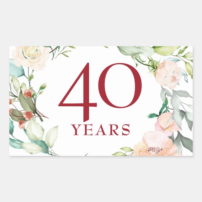 Sticker Rectangulaire 40 ans Rose Garland Ruby Mariage Anniversaire (Devant)
