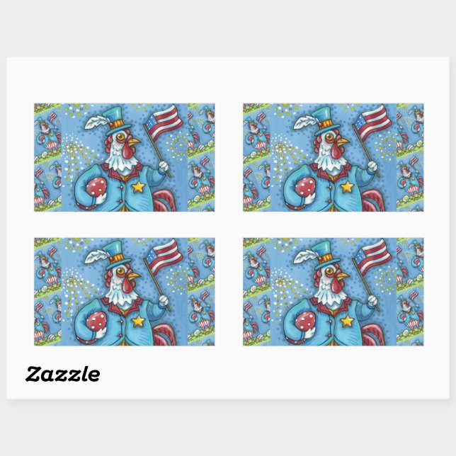 Sticker Rectangulaire 4 juillet ROOSTER, FUNNY PATRIOTIC POULET (Feuille)