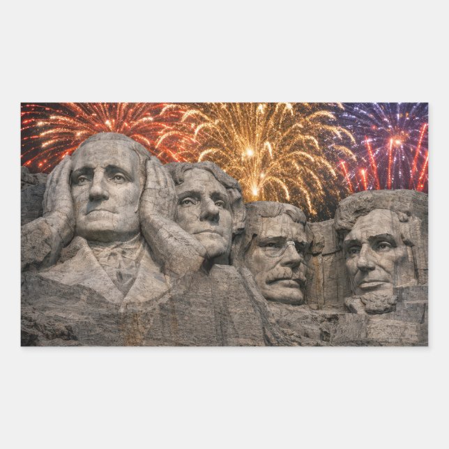 Sticker Rectangulaire 4th of July Mount Rushmore Humor with Fireworks (Devant)