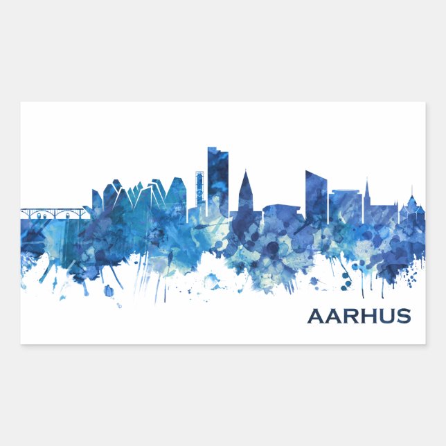 Sticker Rectangulaire Aarhus Danemark Skyline Blue (Devant)