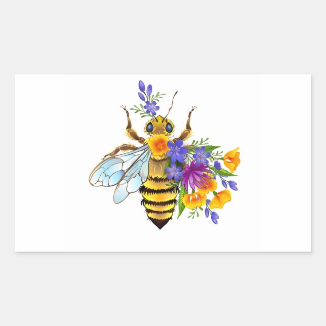 Sticker Rectangulaire Abeille à fleurs avec plantes sauvages (Devant)